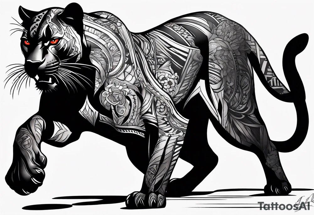 unique black panther tattoo, portrayed in a dynamic pose, showcasing its strength and grace, striking red eyes, intense and captivating elements, artistic flair, blending realism with abstract elements tattoo idea