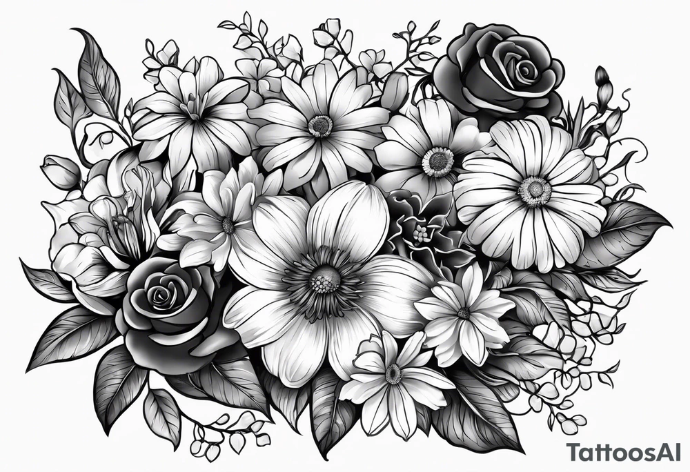 black and gray bunch of flowers that include violets, daffodils, daisies, roses, morning glorys, marigolds, chysanthemums with text at the bottoms reading "Find someone who grows flowers in the darkest part of you" tattoo idea