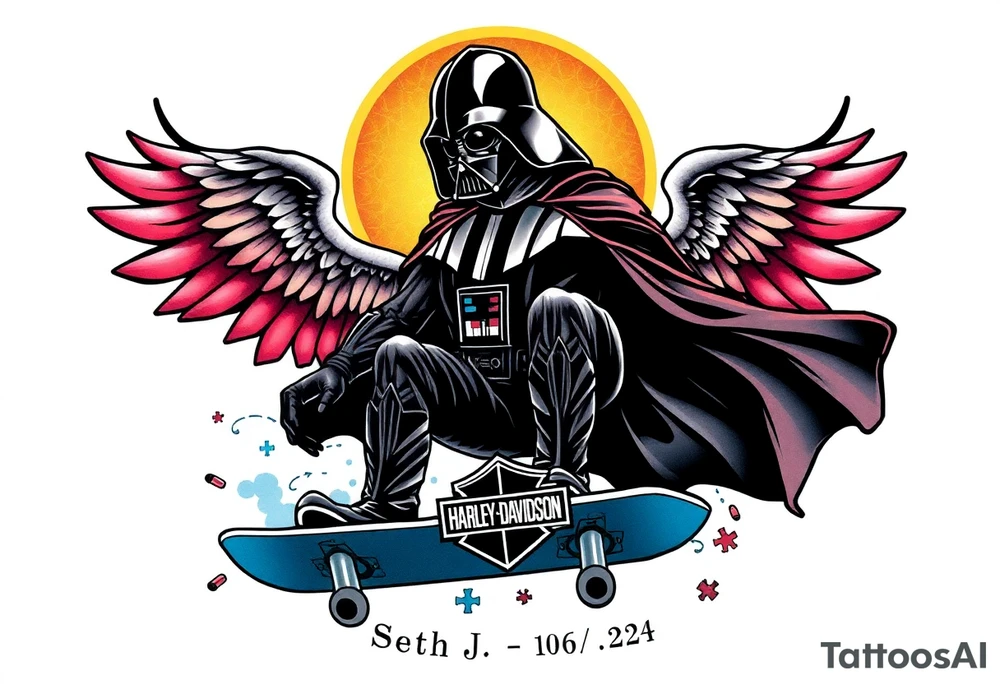 darth vader skateboarding, heaven, outdoors, harley davidson, bullets, puzzle red & blue colors

WORDS "Seth J. Carter"
12/29/88-01/06/24 tattoo idea