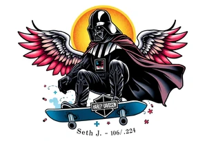 darth vader skateboarding, heaven, outdoors, harley davidson, bullets, puzzle red & blue colors

WORDS "Seth J. Carter"
12/29/88-01/06/24 tattoo idea
