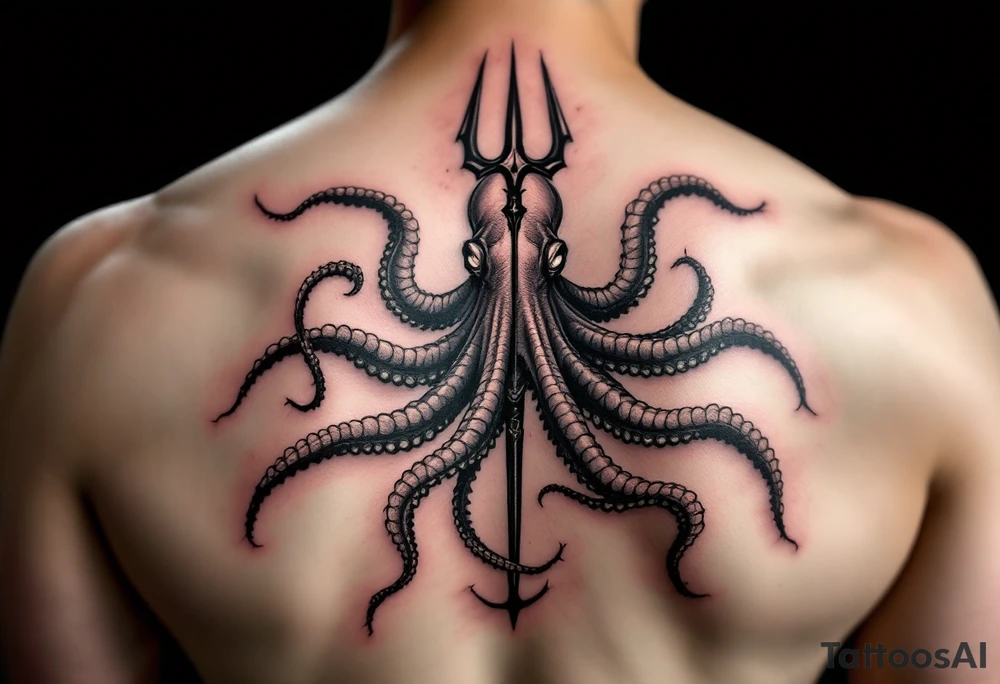 giant squid around a trident tattoo idea