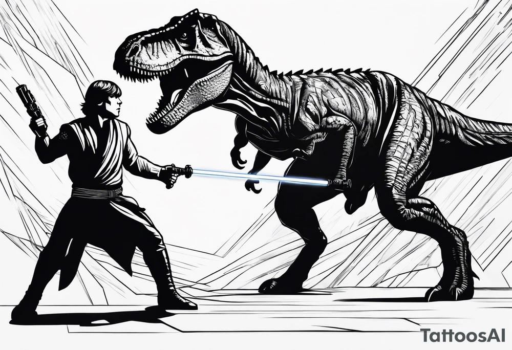 Luke Skywalker and a T-Rex fighting each other with lightsabers tattoo idea