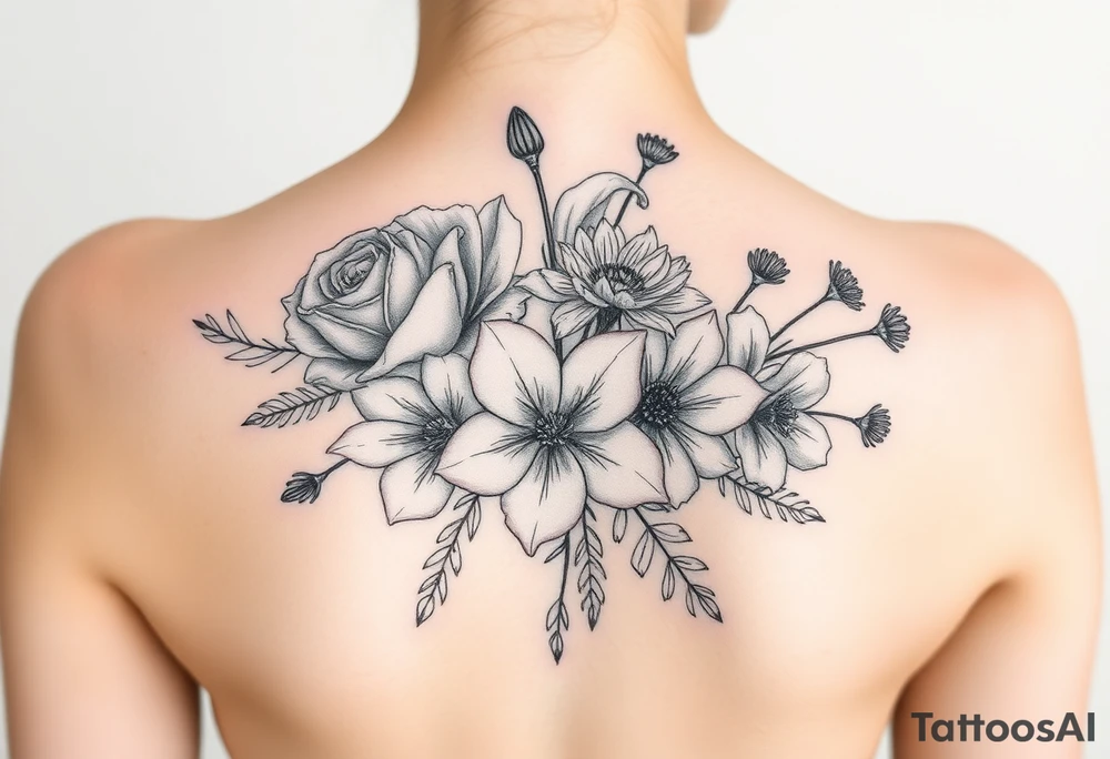 Bouquet of al these flower; Rose, carnation, lily, aster, larksper tattoo idea