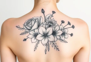 Bouquet of al these flower; Rose, carnation, lily, aster, larksper tattoo idea