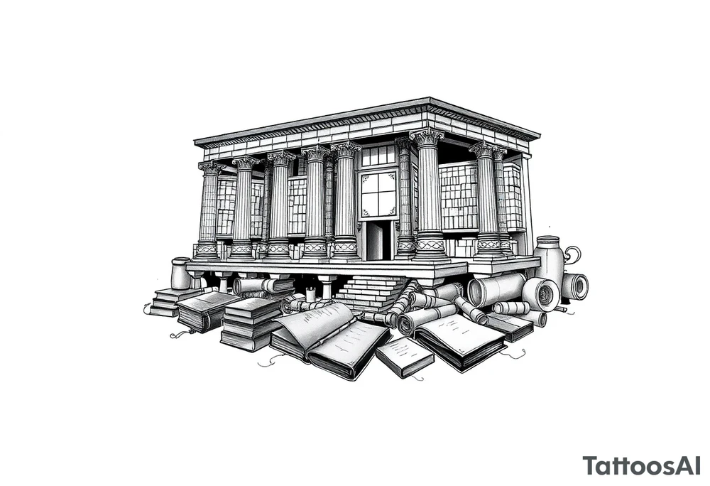 The library of Alexandria with books and scrolls of knowledge beneath tattoo idea