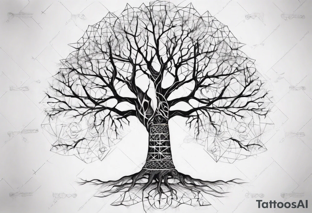 Tree with no leaves with it's main trunk main of DNA with geometic work on sides tattoo idea Tree with no leaves with it's main trunk main of DNA with geometic work on sides tattoo idea
