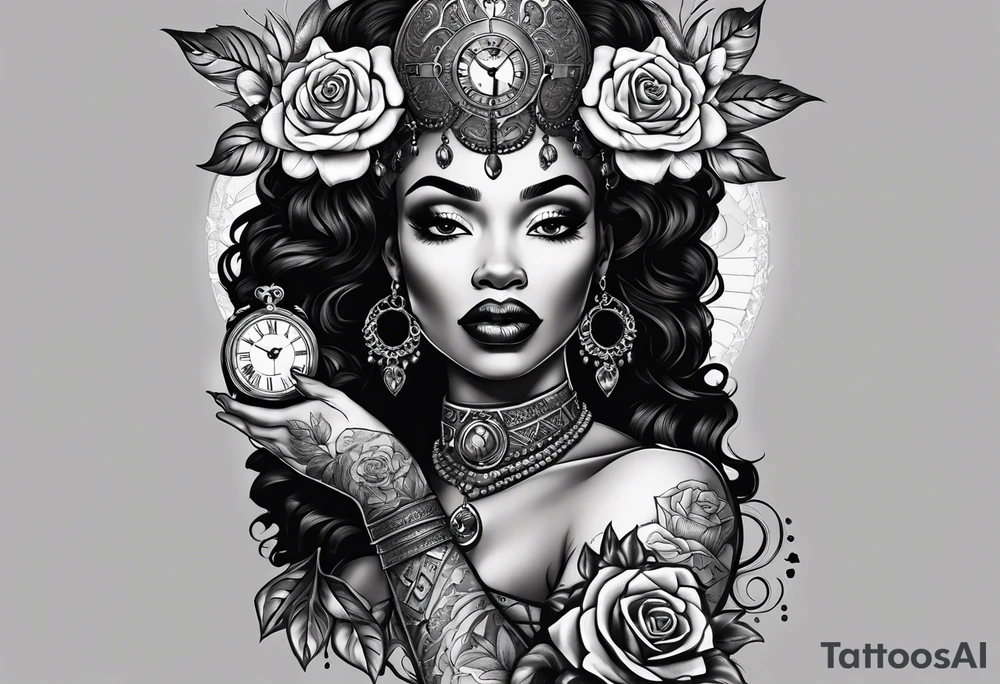 A feminine arm sleeve with a black African witchy queen woman with no eyes, a granddaddy clock with roses. tattoo idea