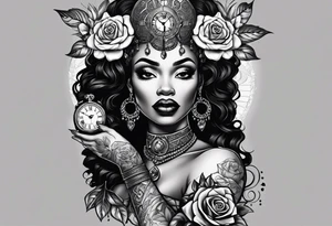 A feminine arm sleeve with a black African witchy queen woman with no eyes, a granddaddy clock with roses. tattoo idea