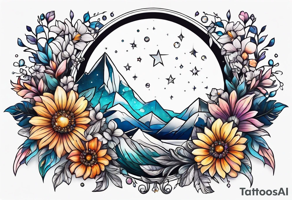 Moon made out of flowers and crystals tattoo idea
