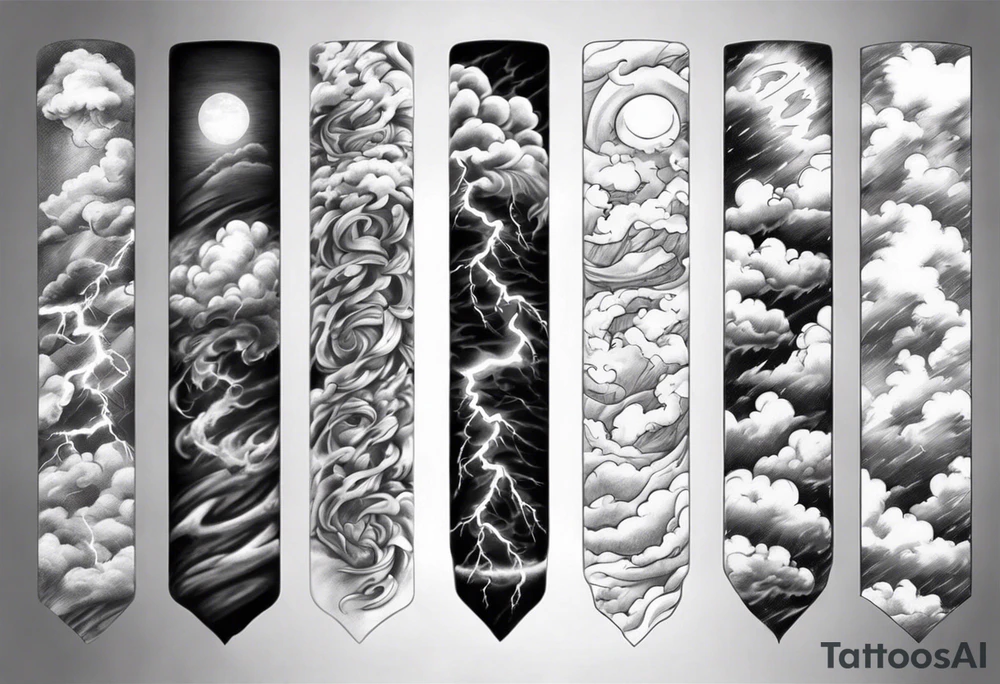 forearm sleeve lightning and clouds pattern tattoo idea