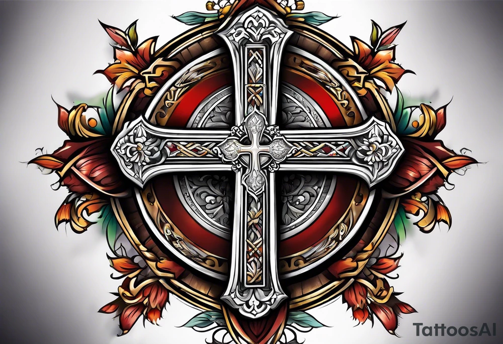 christian cross and in it there is familia word tattoo idea