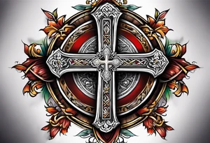 christian cross and in it there is familia word tattoo idea