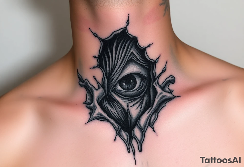 Skin torn away from throat exposing the muscles and veins with a haunting eye peering out from the wound tattoo idea