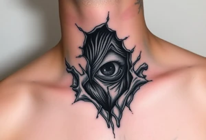 Skin torn away from throat exposing the muscles and veins with a haunting eye peering out from the wound tattoo idea