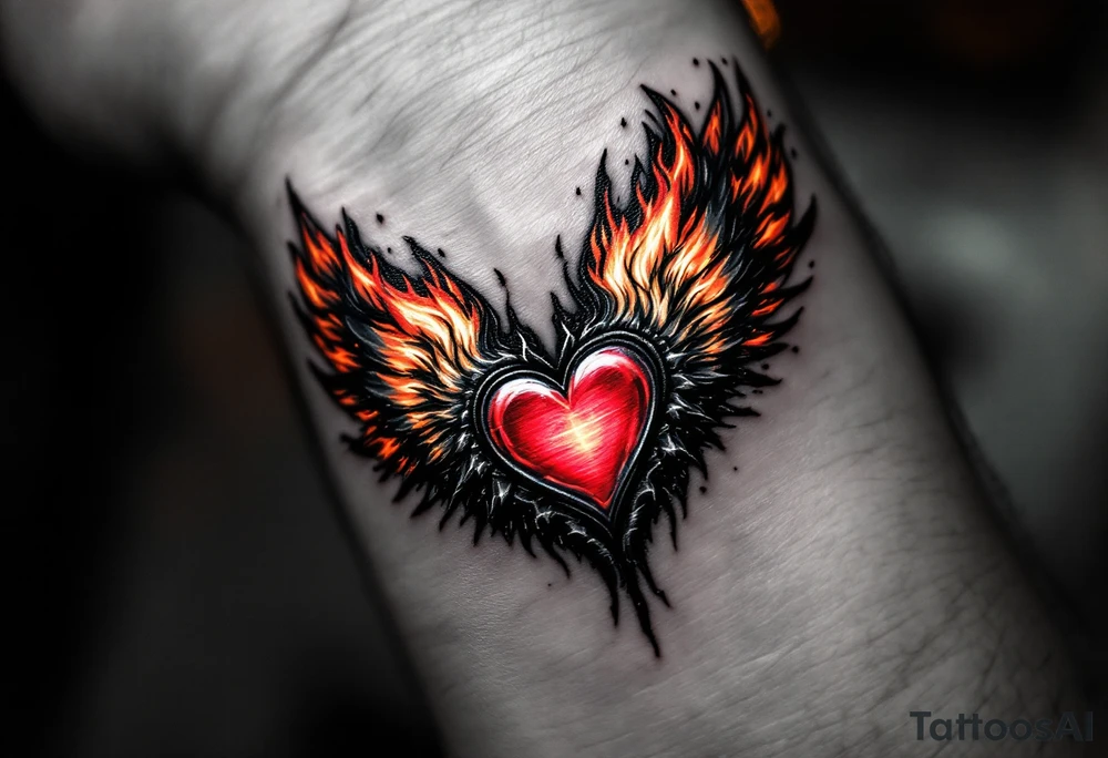 Flame-Encased Heart with Flaming Wings – A heart surrounded by orange and red flames, with fiery orange wings to reflect intense, burning love and passion. tattoo idea