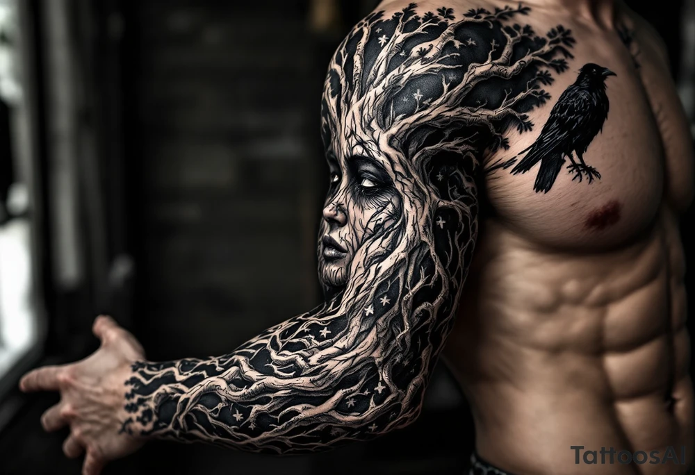 Entire arm tattooed like tree bark with face carved into it and a raven on the shoulder and chest tattoo idea