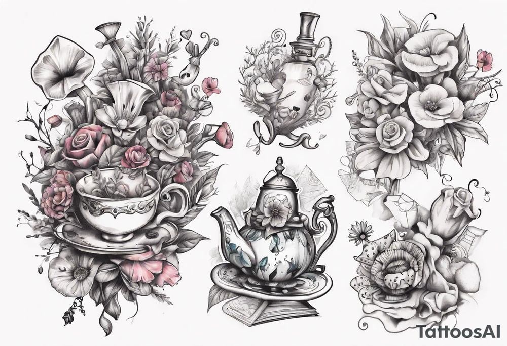 bouquet of Alice in wonderland flowers tattoo idea