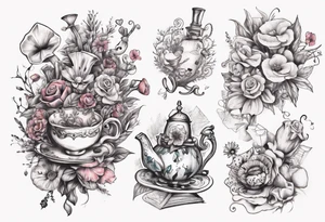 bouquet of Alice in wonderland flowers tattoo idea