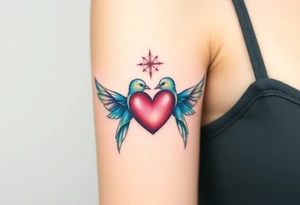 dainty sacred heart with two birds tattoo idea
