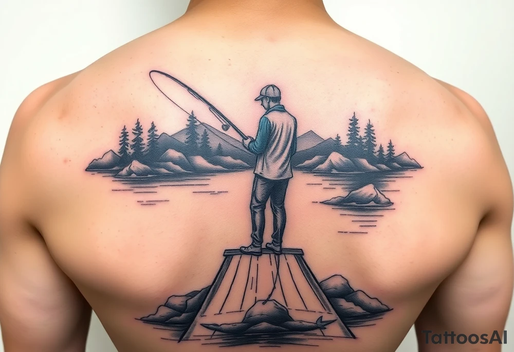 Fisherman on a pier surrounded by nature, colorful tattoo idea