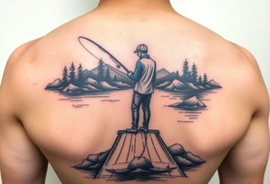 Fisherman on a pier surrounded by nature, colorful tattoo idea