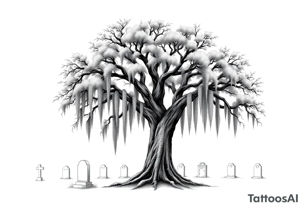 Oak tree with Spanish moss in a cemetery tattoo idea