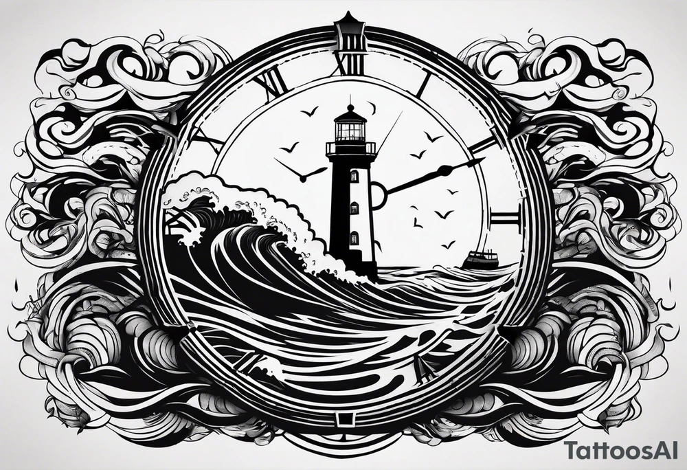 minimalist "open book" with a lighthouse in the middle and a clock and surrounded by waves tattoo idea