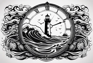 minimalist "open book" with a lighthouse in the middle and a clock and surrounded by waves tattoo idea