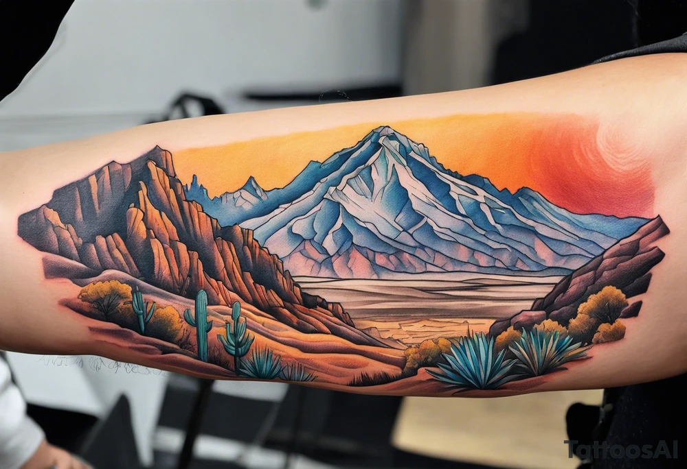 Forearm tattoo with southwest landscape and hikers tattoo idea