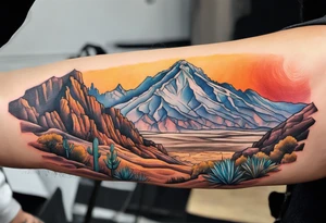 Forearm tattoo with southwest landscape and hikers tattoo idea