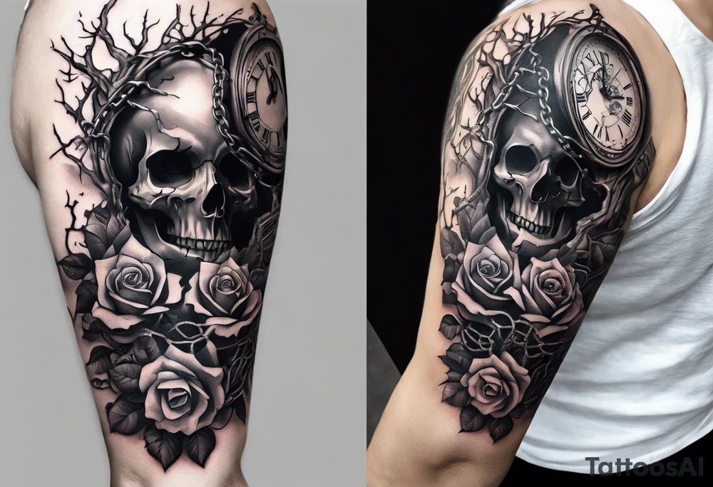 tattoo fool sleeve, tree roots break out of the chains at the bottom of the hand, broken mask, Clock with flying numbers, girl, skull, roses, less shadows tattoo idea
