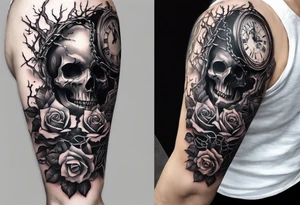 tattoo fool sleeve, tree roots break out of the chains at the bottom of the hand, broken mask, Clock with flying numbers, girl, skull, roses, less shadows tattoo idea