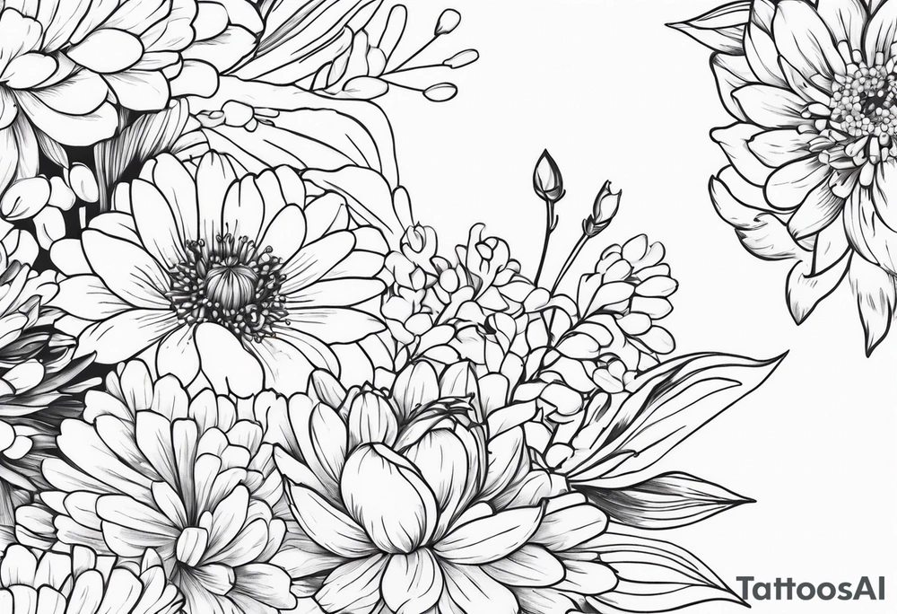 Asters, roses, lily of the valley, and chrysanthemums in a long line tattoo idea