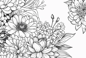 Asters, roses, lily of the valley, and chrysanthemums in a long line tattoo idea