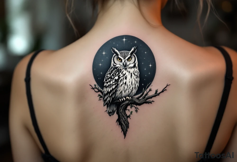 wise owl perched on ancient oak branch under starlit sky tattoo idea