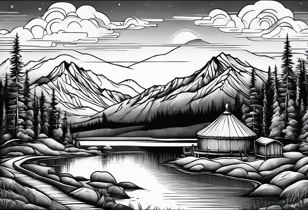 mountains, road, lake, yurt, sun tattoo idea