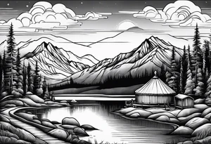 mountains, road, lake, yurt, sun tattoo idea