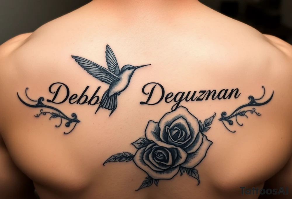 A tattoo with the name Debby Deguzman with a humming bird and a rose tattoo idea