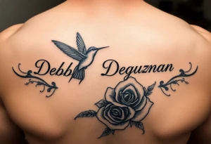 A tattoo with the name Debby Deguzman with a humming bird and a rose tattoo idea