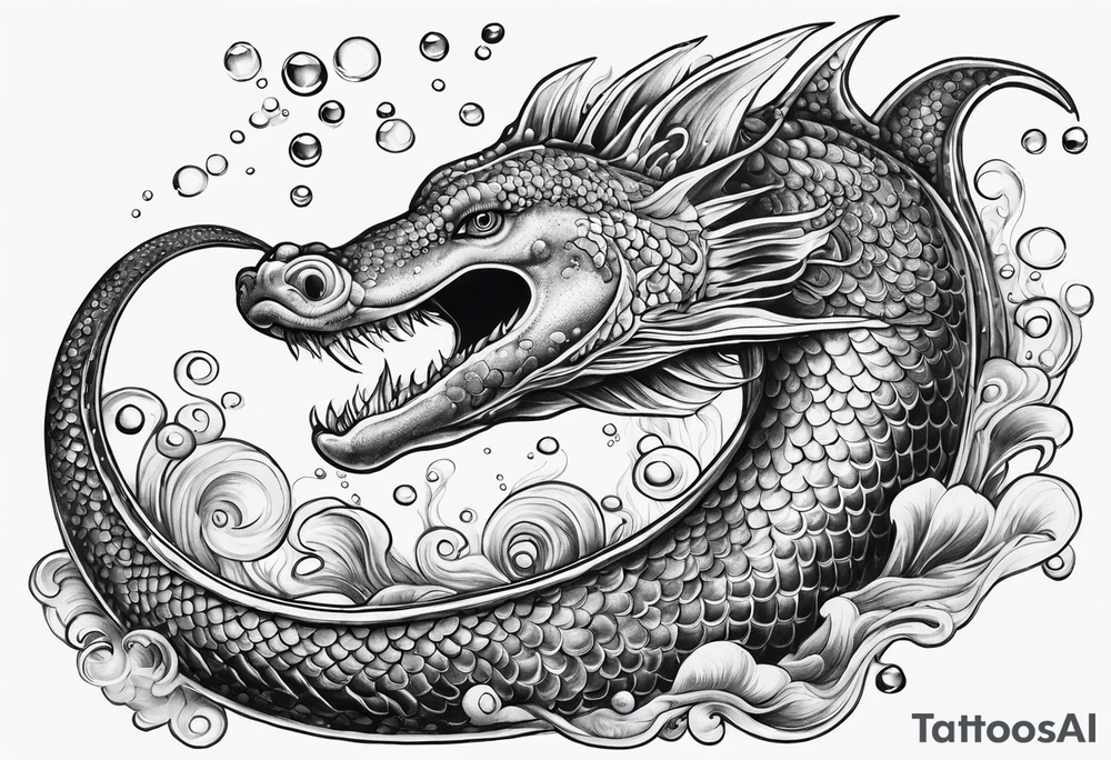 sea serpent underwater with fish and bubbles tattoo idea