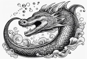 sea serpent underwater with fish and bubbles tattoo idea