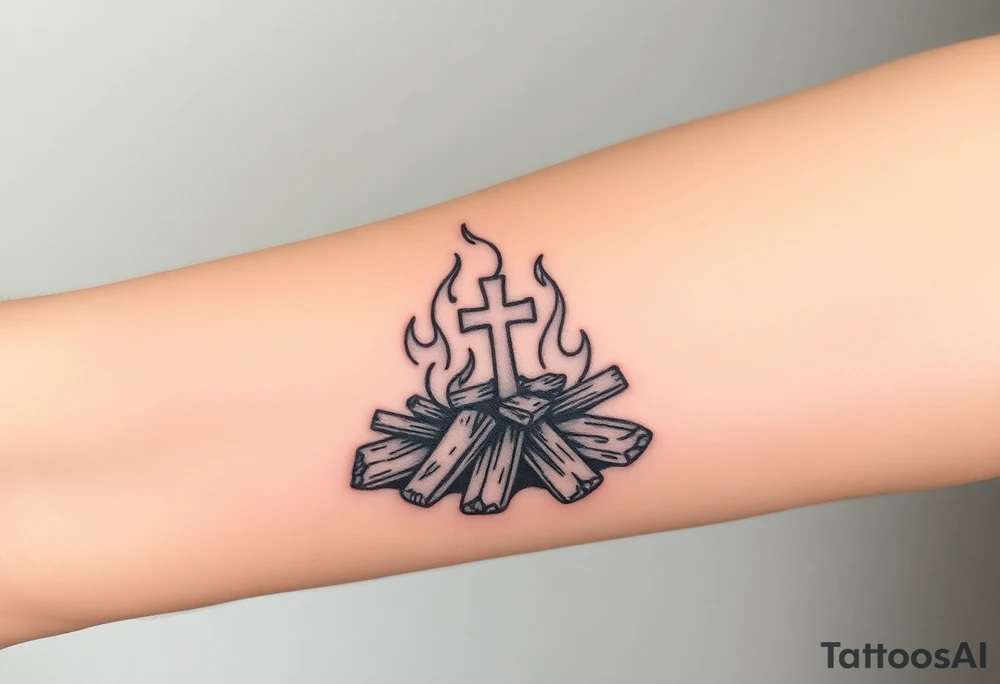 Campfire with a cross hidden in the flames tattoo idea