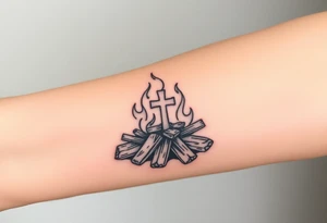 Campfire with a cross hidden in the flames tattoo idea