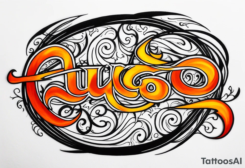 The word “fuego” in cursive with flames around it. tattoo idea