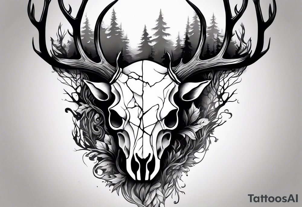 A side profile of decayed deer skull in a forest fire tattoo idea