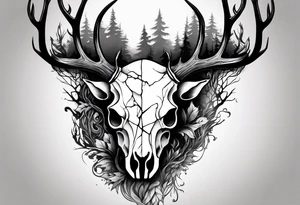 A side profile of decayed deer skull in a forest fire tattoo idea