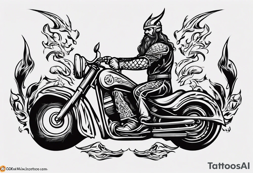 i want a tattoo of a viking riding a motorcycle with flames and I want the words “Viking Customs” incorporated into the design tattoo idea