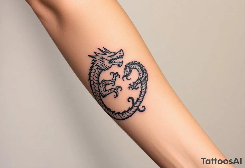 2 dragons symbolizing inner conflict, covering whole forearm tattoo idea