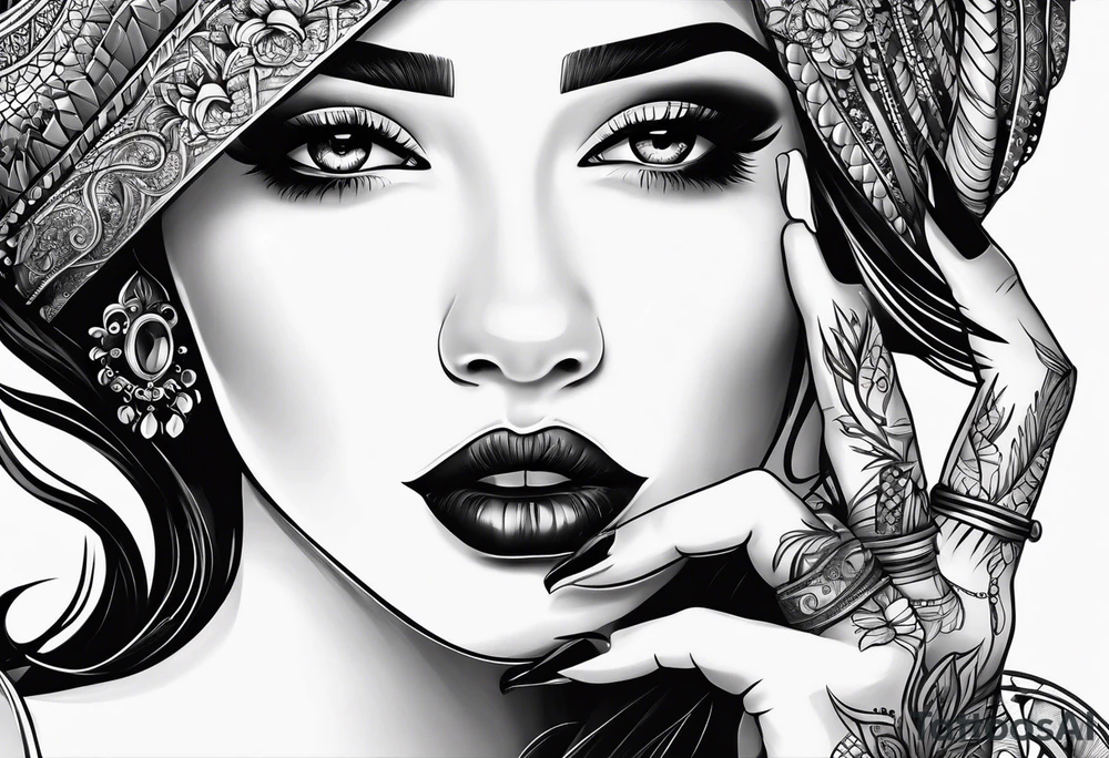 Women’s fingers with nails are on the half of ger face tattoo idea