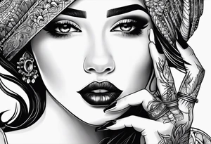 Women’s fingers with nails are on the half of ger face tattoo idea